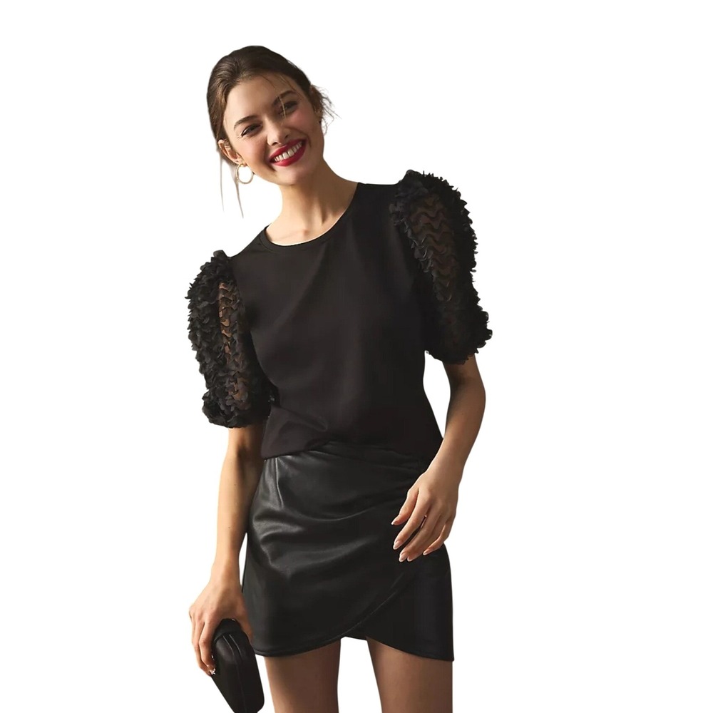Anthropologie Flat White Ruffle-Sleeve Top In‎ Black
